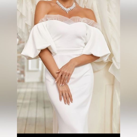 Giffniseti Off Shoulder Contrast Mesh Mermaid Hem Wedding Dress nwt - Picture 2 of 6